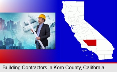 building contractor holding blueprints - cityscape background; Kern County highlighted in red on a map