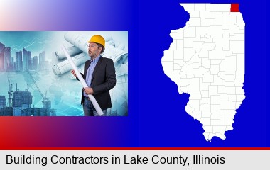 building contractor holding blueprints - cityscape background; LaSalle County highlighted in red on a map