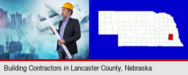 building contractor holding blueprints - cityscape background; Lancaster County highlighted in red on a map