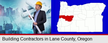 building contractor holding blueprints - cityscape background; Lane County highlighted in red on a map