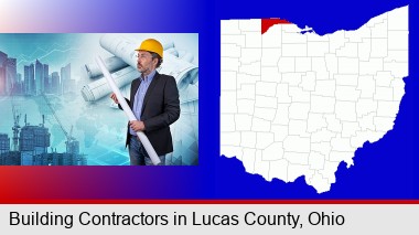 building contractor holding blueprints - cityscape background; Lucas County highlighted in red on a map