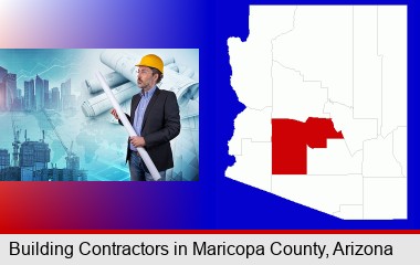building contractor holding blueprints - cityscape background; Maricopa County highlighted in red on a map