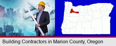 building contractor holding blueprints - cityscape background; Marion County highlighted in red on a map