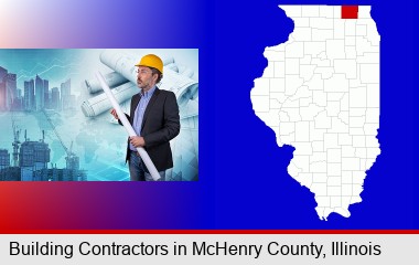 building contractor holding blueprints - cityscape background; Mason County highlighted in red on a map