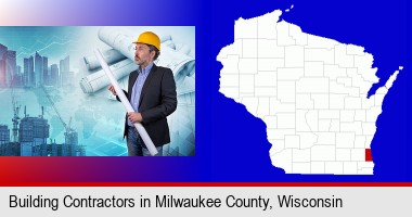 building contractor holding blueprints - cityscape background; Milwaukee County highlighted in red on a map