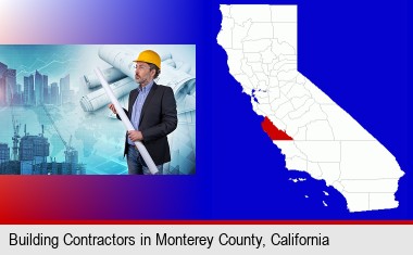 building contractor holding blueprints - cityscape background; Monterey County highlighted in red on a map