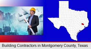 building contractor holding blueprints - cityscape background; Montgomery County highlighted in red on a map
