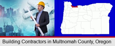 building contractor holding blueprints - cityscape background; Multnomah County highlighted in red on a map