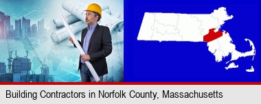 building contractor holding blueprints - cityscape background; Norfolk County highlighted in red on a map