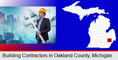building contractor holding blueprints - cityscape background; Oakland County highlighted in red on a map