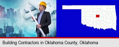 building contractor holding blueprints - cityscape background; Oklahoma County highlighted in red on a map