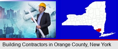 building contractor holding blueprints - cityscape background; Orange County highlighted in red on a map