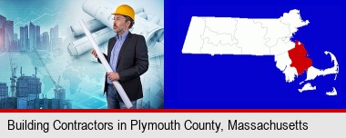 building contractor holding blueprints - cityscape background; Plymouth County highlighted in red on a map