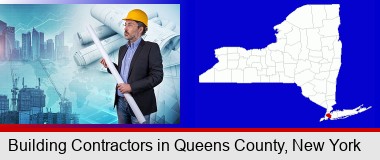 building contractor holding blueprints - cityscape background; Queens County highlighted in red on a map