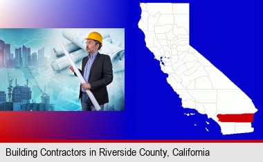 building contractor holding blueprints - cityscape background; Riverside County highlighted in red on a map