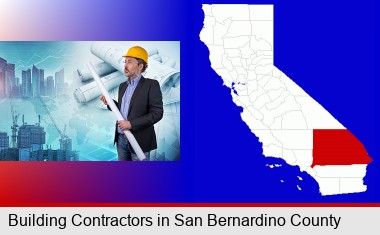 building contractor holding blueprints - cityscape background; San Bernardino County highlighted in red on a map