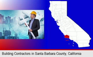 building contractor holding blueprints - cityscape background; Santa Barbara County highlighted in red on a map