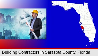 building contractor holding blueprints - cityscape background; Sarasota County highlighted in red on a map
