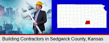 building contractor holding blueprints - cityscape background; Sedgwick County highlighted in red on a map