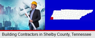 building contractor holding blueprints - cityscape background; Shelby County highlighted in red on a map