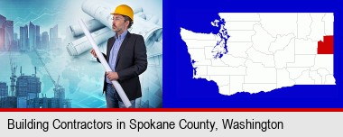 building contractor holding blueprints - cityscape background; Spokane County highlighted in red on a map