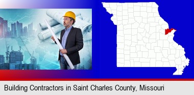 building contractor holding blueprints - cityscape background; St Charles County highlighted in red on a map