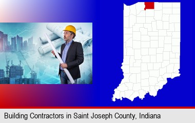 building contractor holding blueprints - cityscape background; Spencer County highlighted in red on a map