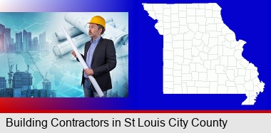building contractor holding blueprints - cityscape background; St Louis City highlighted in red on a map