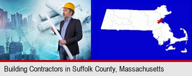 building contractor holding blueprints - cityscape background; Suffolk County highlighted in red on a map