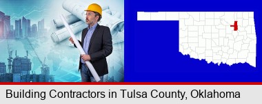 building contractor holding blueprints - cityscape background; Tulsa County highlighted in red on a map