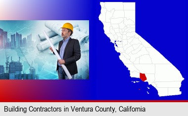 building contractor holding blueprints - cityscape background; Ventura County highlighted in red on a map