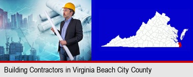 building contractor holding blueprints - cityscape background; Virginia Beach City County highlighted in red on a map