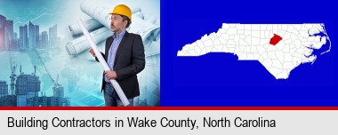 building contractor holding blueprints - cityscape background; Wake County highlighted in red on a map
