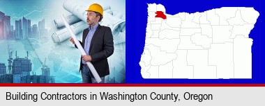 building contractor holding blueprints - cityscape background; Washington County highlighted in red on a map