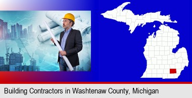 building contractor holding blueprints - cityscape background; Washtenaw County highlighted in red on a map