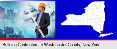 building contractor holding blueprints - cityscape background; Westchester County highlighted in red on a map