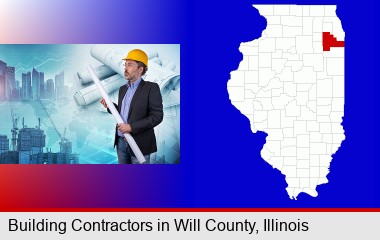 building contractor holding blueprints - cityscape background; Will County highlighted in red on a map