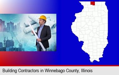 building contractor holding blueprints - cityscape background; Winnebago County highlighted in red on a map
