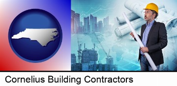 building contractor holding blueprints - cityscape background in Cornelius, NC