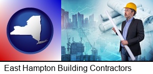 East Hampton, New York - building contractor holding blueprints - cityscape background