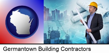 building contractor holding blueprints - cityscape background in Germantown, WI