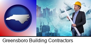 Greensboro, North Carolina - building contractor holding blueprints - cityscape background