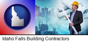 Idaho Falls, Idaho - building contractor holding blueprints - cityscape background