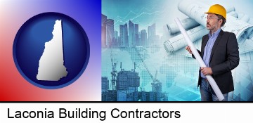 building contractor holding blueprints - cityscape background in Laconia, NH