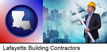 building contractor holding blueprints - cityscape background in Lafayette, LA