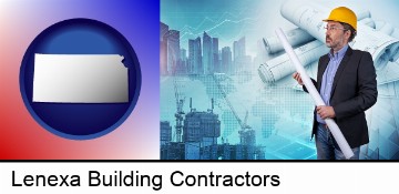 building contractor holding blueprints - cityscape background in Lenexa, KS