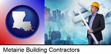 building contractor holding blueprints - cityscape background in Metairie, LA