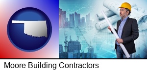 Moore, Oklahoma - building contractor holding blueprints - cityscape background