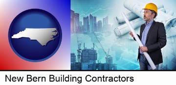 building contractor holding blueprints - cityscape background in New Bern, NC