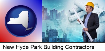 building contractor holding blueprints - cityscape background in New Hyde Park, NY